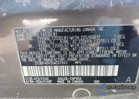 2012 Toyota Rav4 from USA, damaged, VIN 2T3BF4DV3CW207843